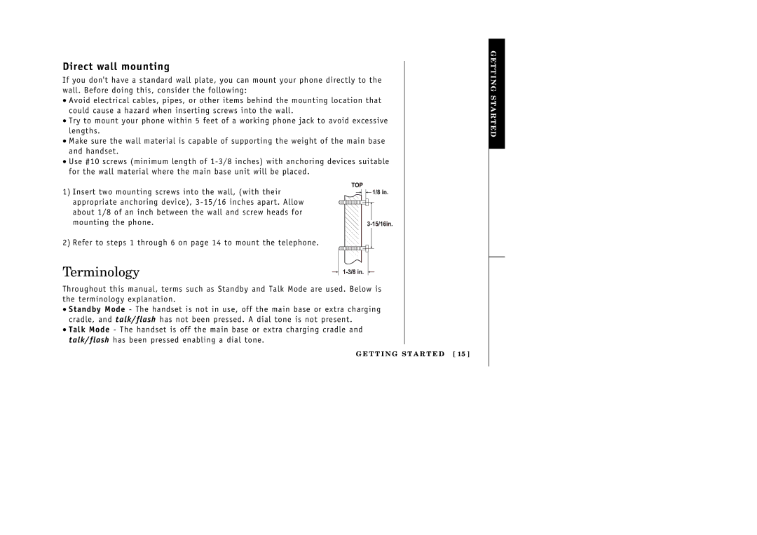 Uniden 388-2 manual Terminology, Direct wall mounting 