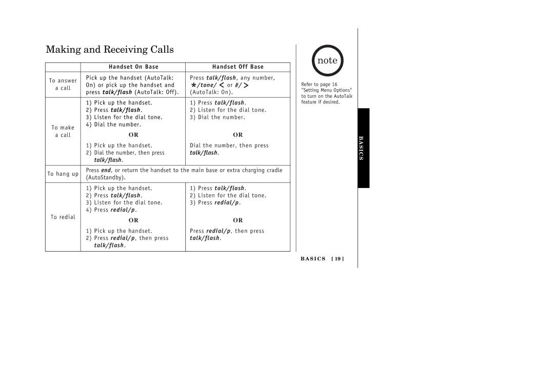 Uniden 388-2 manual Making and Receiving Calls, Handset On Base Handset Off Base 