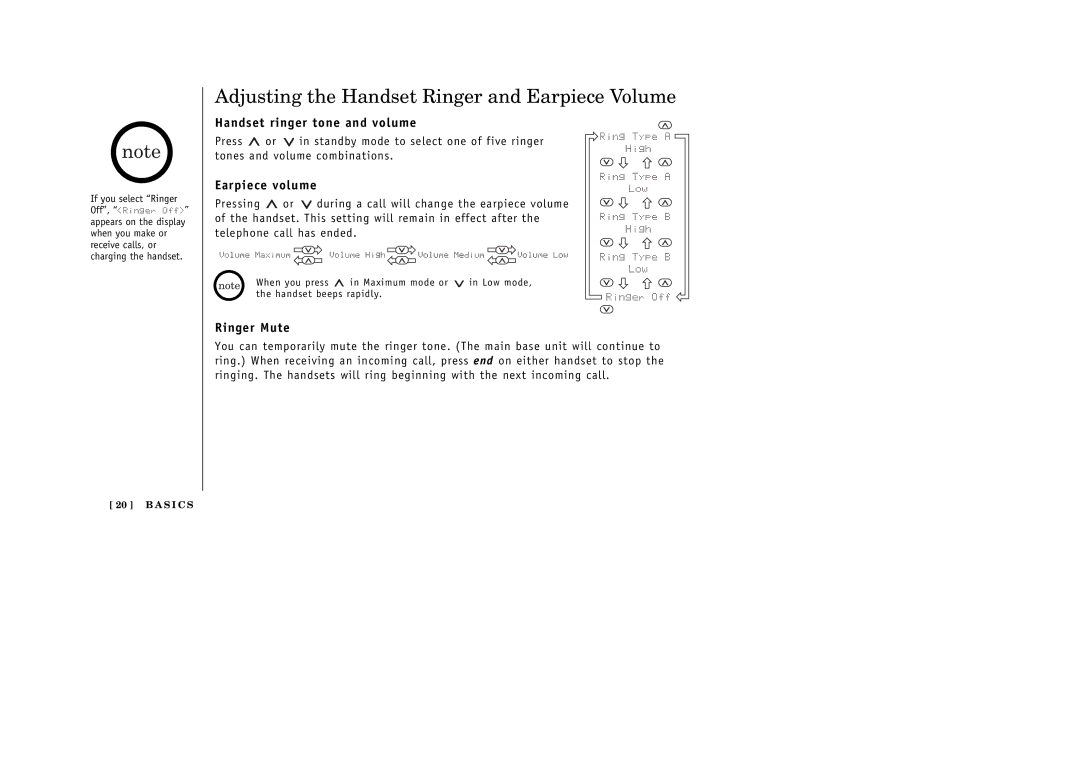 Uniden 388-2 manual Adjusting the Handset Ringer and Earpiece Volume, Handset ringer tone and volume, Earpiece volume 