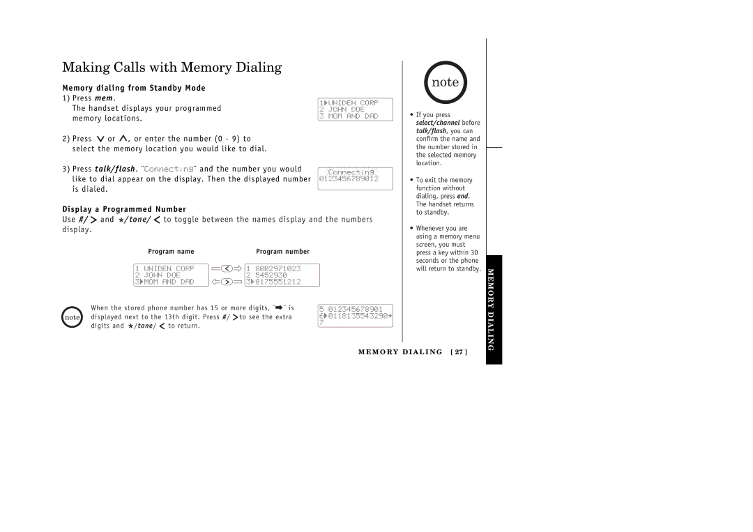 Uniden 388-2 manual Making Calls with Memory Dialing, Memory dialing from Standby Mode, Display a Programmed Number 