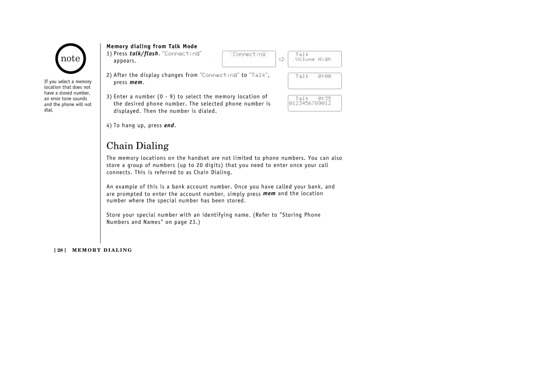 Uniden 388-2 manual Chain Dialing, Memory dialing from Talk Mode 