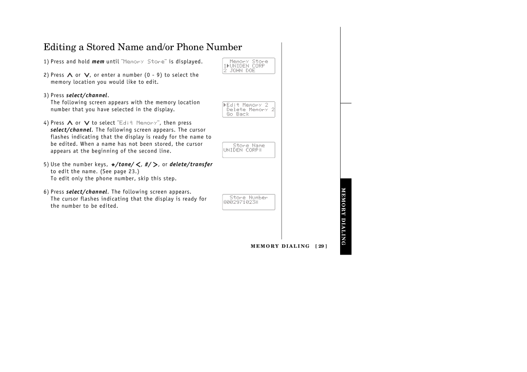 Uniden 388-2 manual Editing a Stored Name and/or Phone Number 