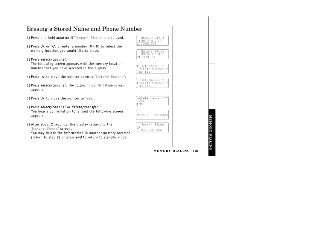 Uniden 388-2 manual Erasing a Stored Name and Phone Number, Press select/channel or delete/transfer 