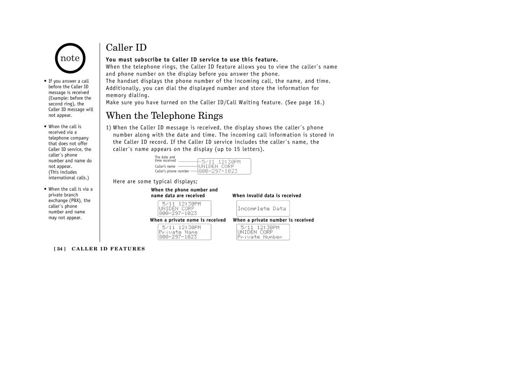 Uniden 388-2 manual When the Telephone Rings, You must subscribe to Caller ID service to use this feature 