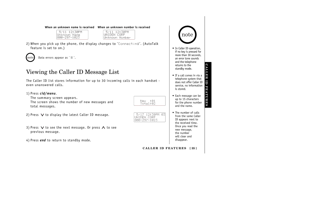 Uniden 388-2 manual Viewing the Caller ID Message List, Standby mode 