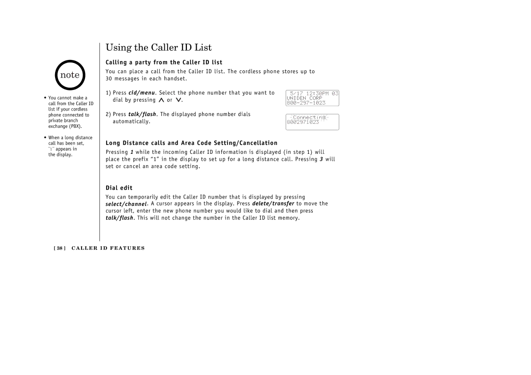 Uniden 388-2 manual Using the Caller ID List, Calling a party from the Caller ID list, Dial edit 