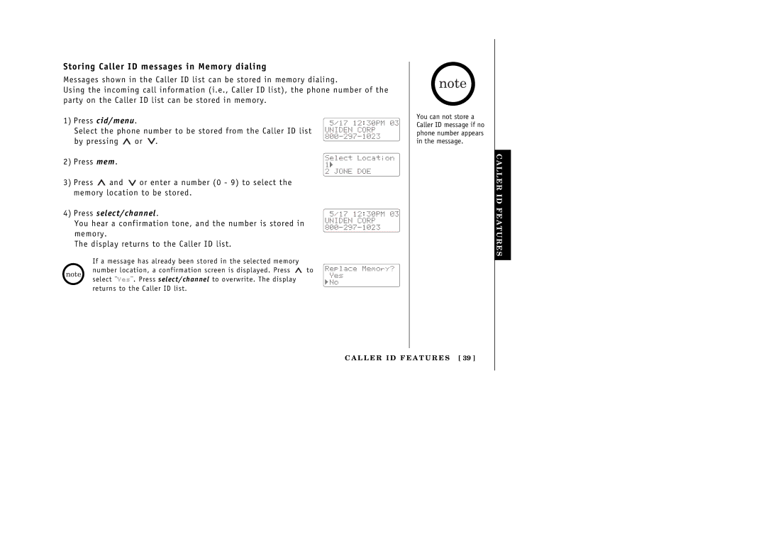 Uniden 388-2 manual Storing Caller ID messages in Memory dialing 