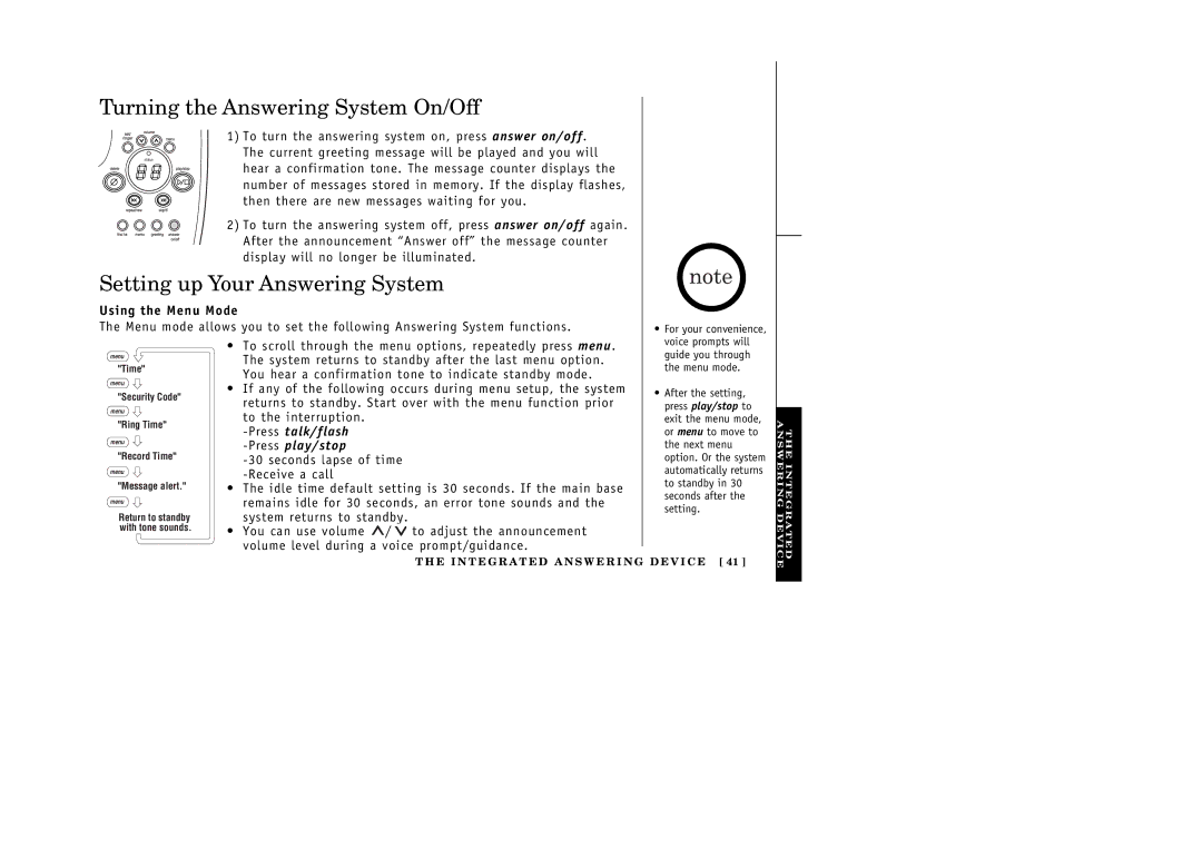 Uniden 388-2 manual Turning the Answering System On/Off, Setting up Your Answering System, Using the Menu Mode 