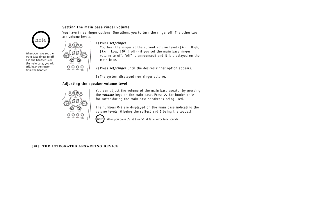 Uniden 388-2 manual Setting the main base ringer volume, Adjusting the speaker volume level 