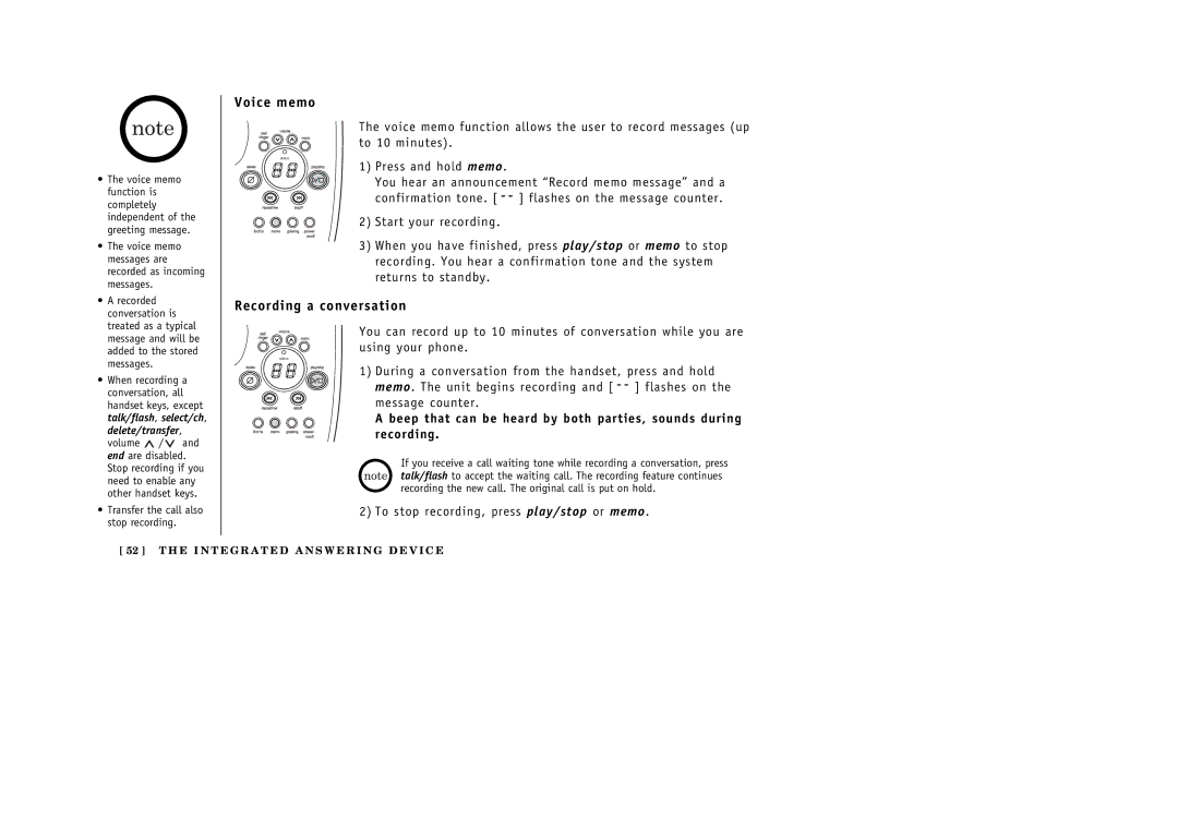 Uniden 388-2 manual Voice memo, Recording a conversation 