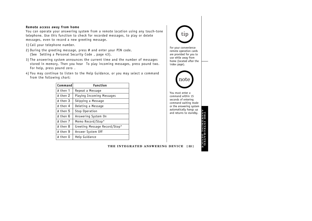 Uniden 388-2 manual Remote access away from home, Command Function 