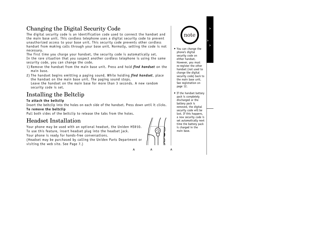 Uniden 388-2 Changing the Digital Security Code, Installing the Beltclip, Headset Installation, To attach the beltclip 