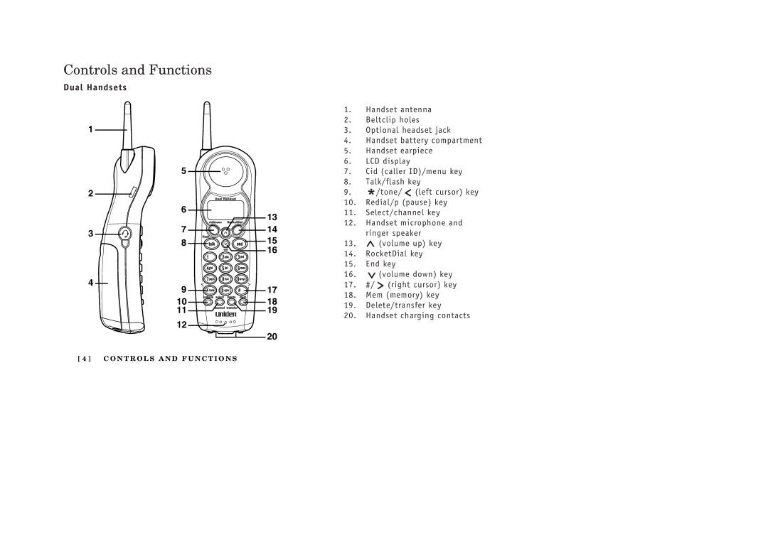 Uniden 388-2 manual Controls and Functions, Dual Handsets 