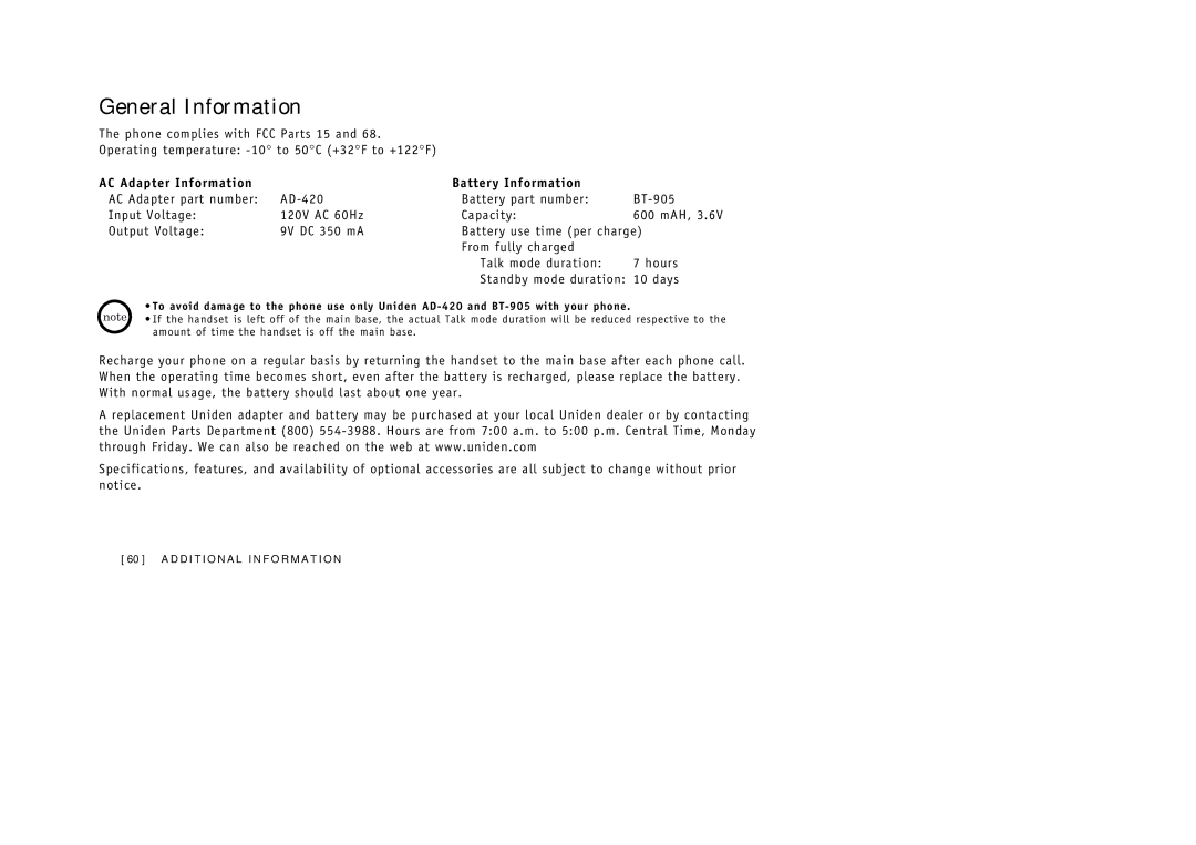 Uniden 388-2 manual General Information, AC Adapter Information Battery Information 