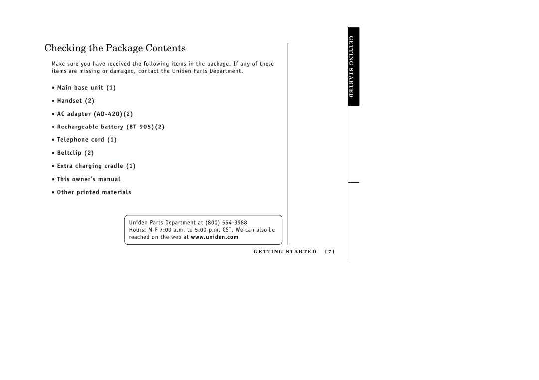 Uniden 388-2 manual Checking the Package Contents 