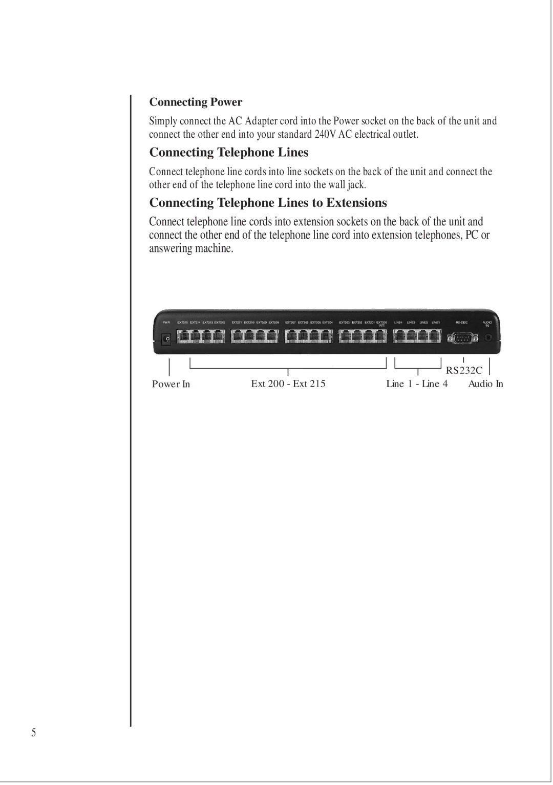 Uniden 416 manual Connecting Telephone Lines to Extensions, Connecting Power 