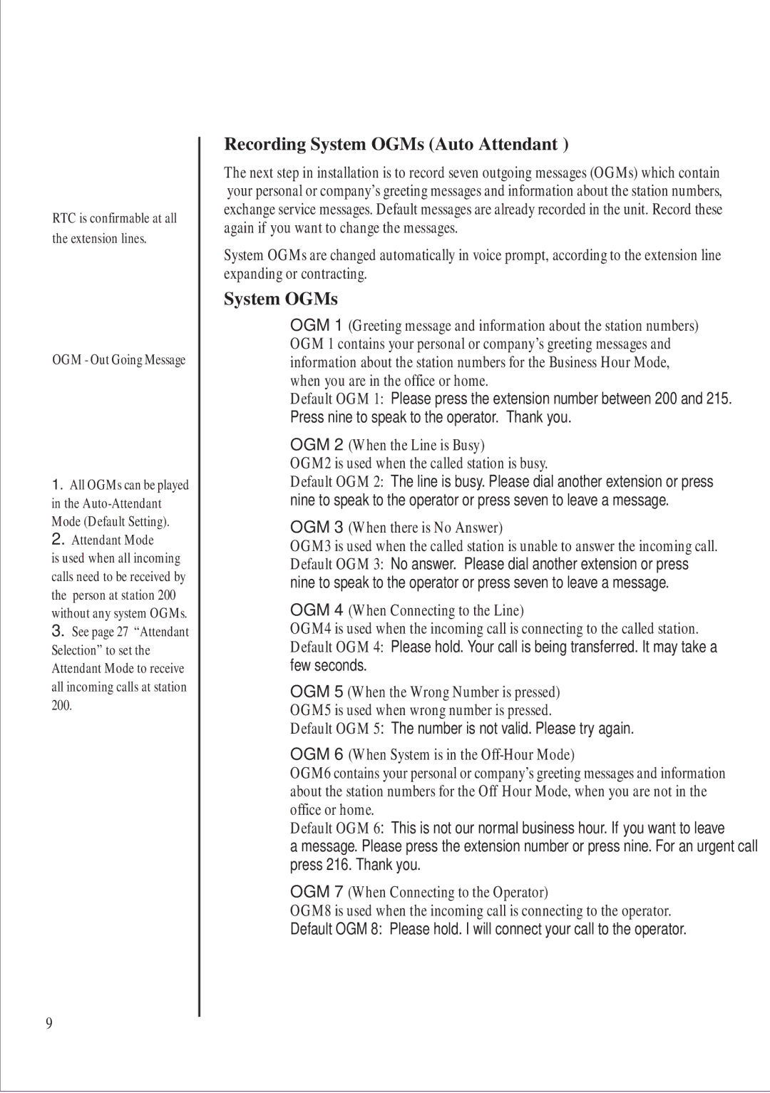 Uniden 416 Recording System OGMs Auto Attendant, OGM 3 When there is No Answer, OGM 7 When Connecting to the Operator 