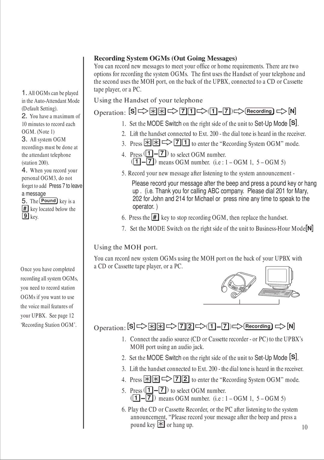 Uniden 416 manual Recording System OGMs Out Going Messages, Operation S, Press, To select OGM number, Pound key Or hang up 