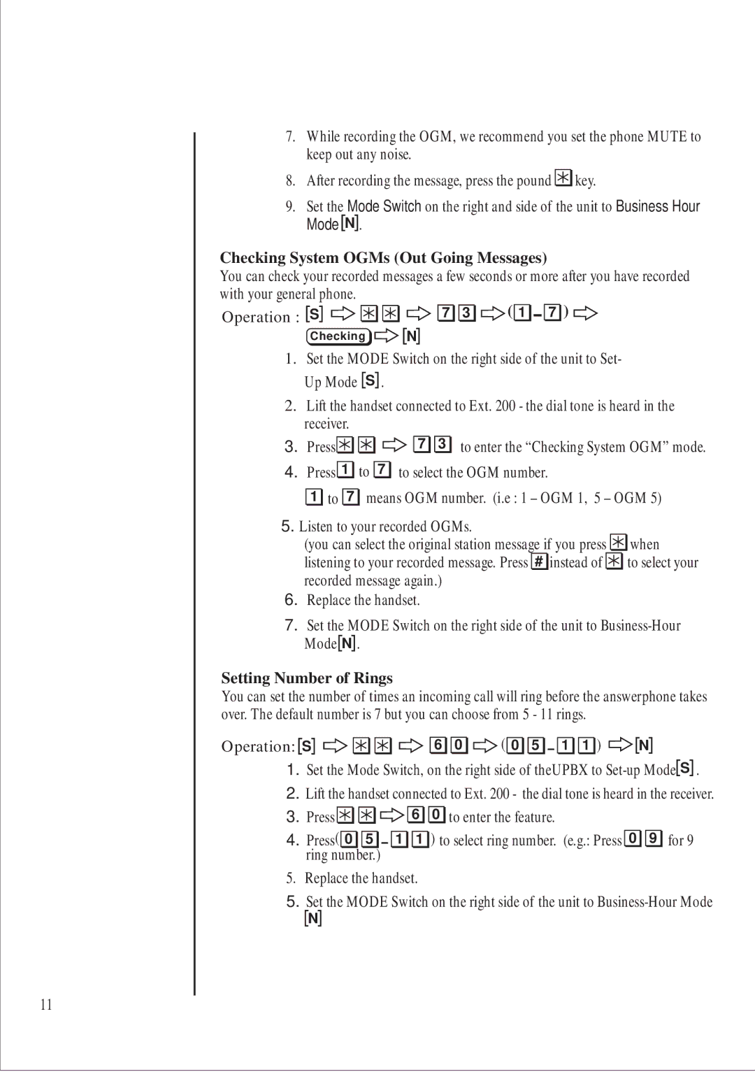 Uniden 416 manual Checking System OGMs Out Going Messages, Setting Number of Rings, Operation S 6 0 0 