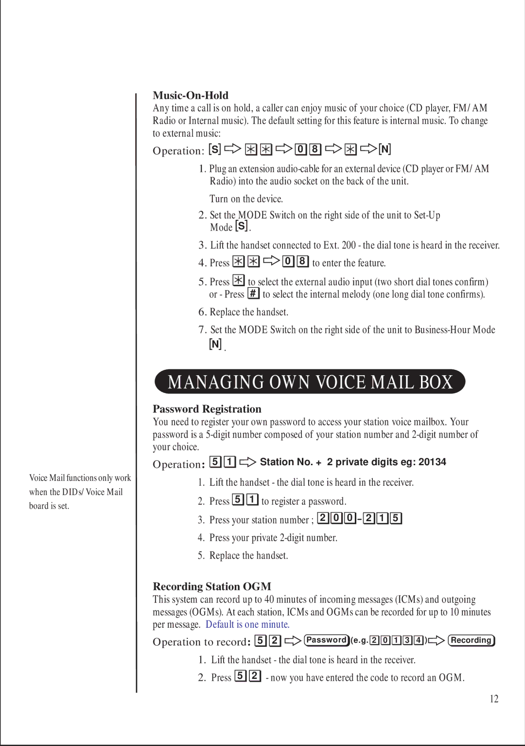 Uniden 416 manual Managing OWN Voice Mail BOX, Music-On-Hold, Password Registration, Recording Station OGM 