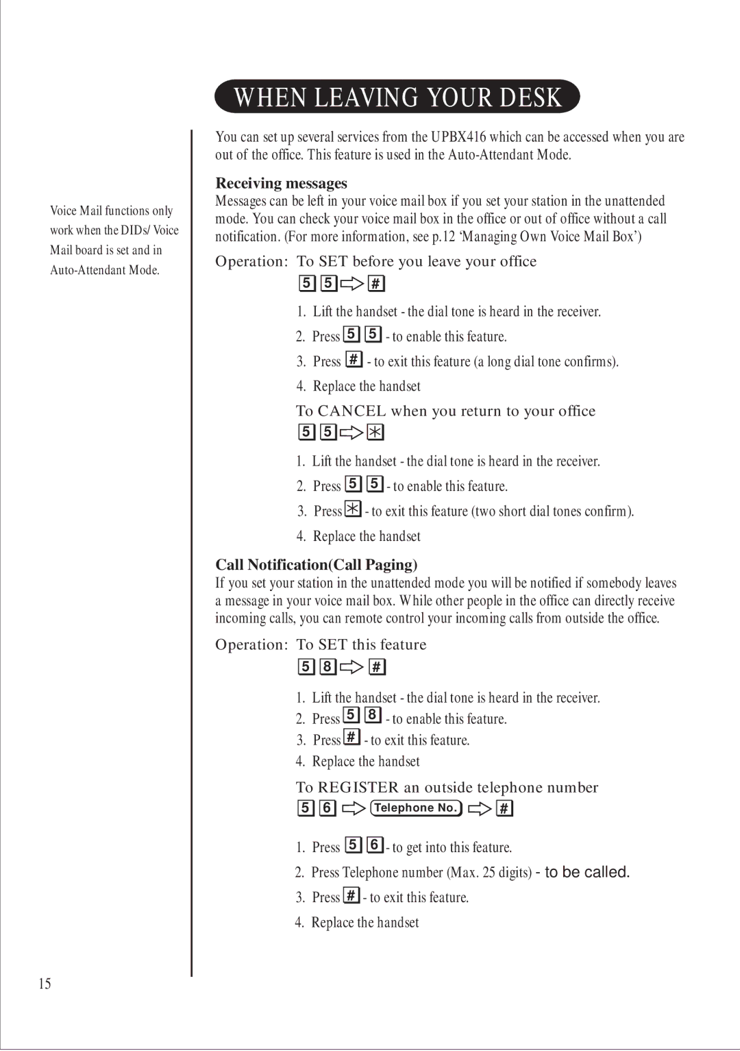 Uniden 416 manual When Leaving Your Desk, Receiving messages, Call NotificationCall Paging 