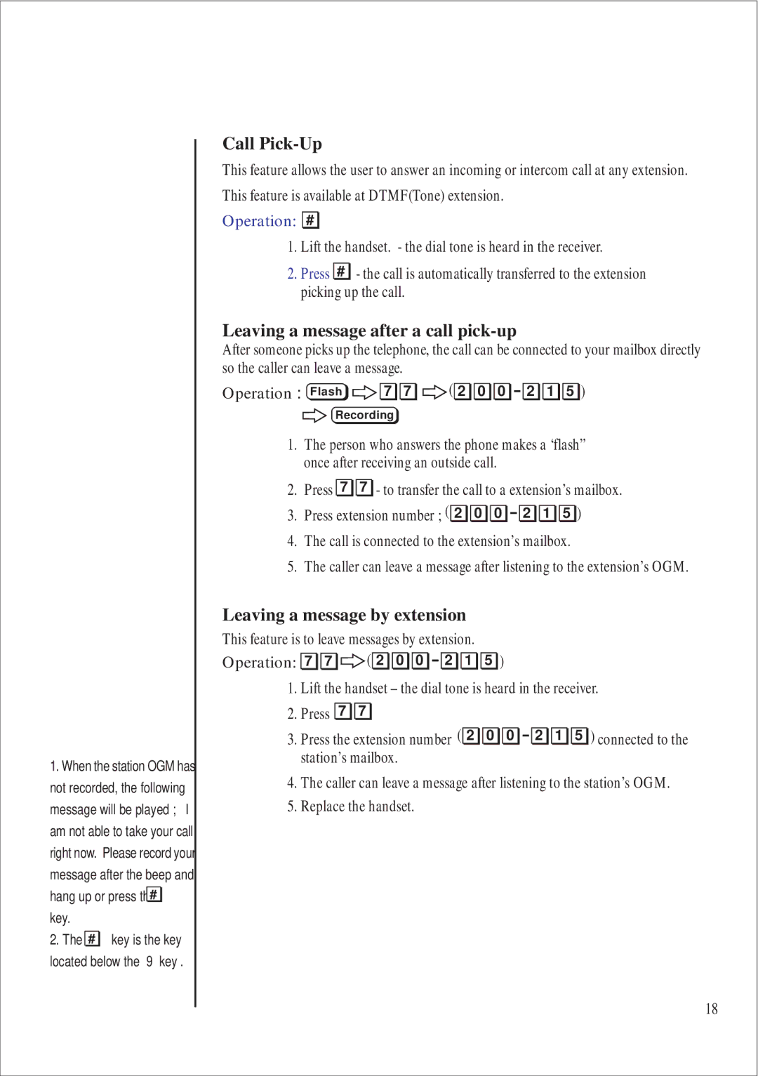 Uniden 416 manual Call Pick-Up, Leaving a message after a call pick-up, Leaving a message by extension, Operation Flash 