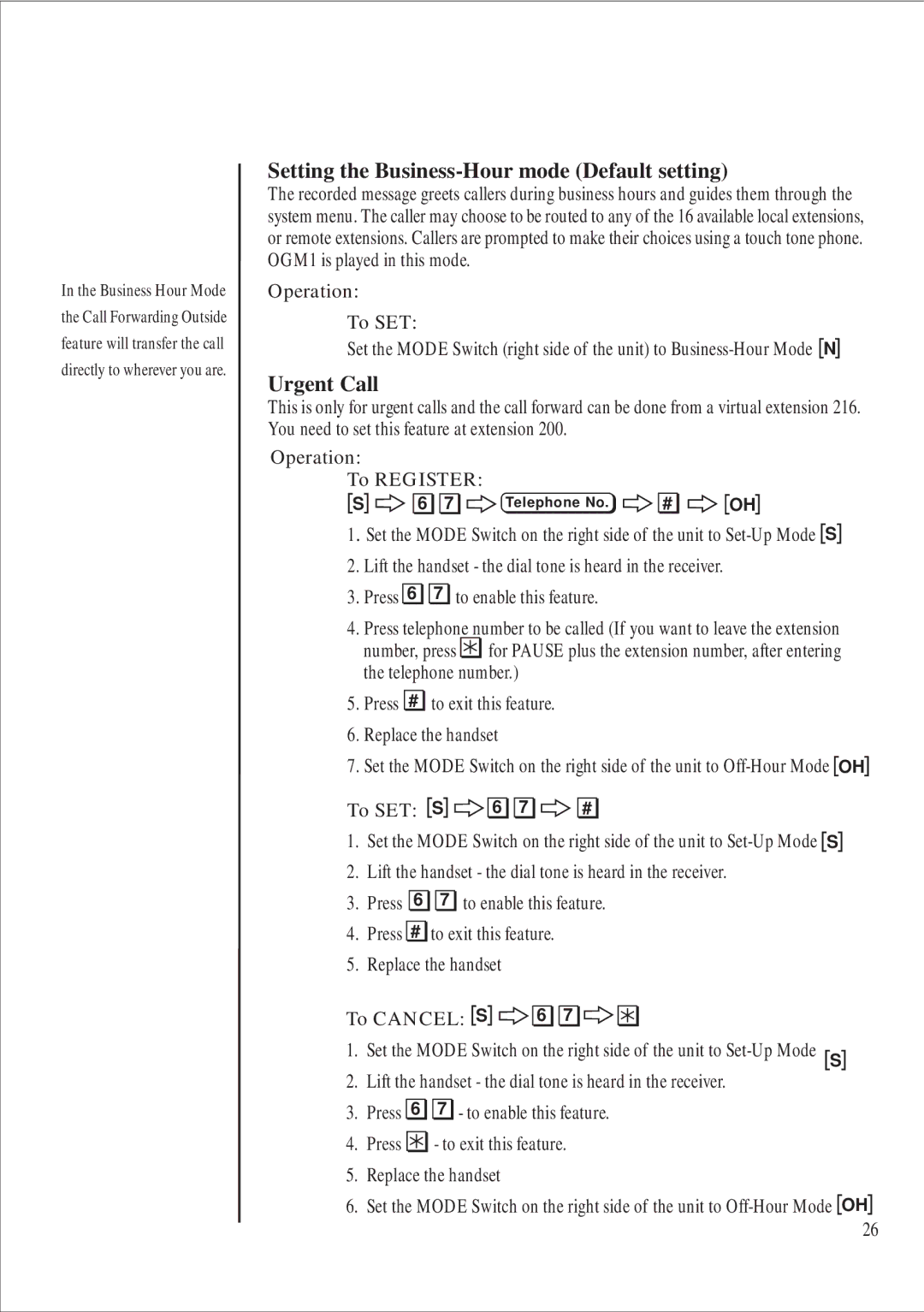 Uniden 416 manual Setting the Business-Hour mode Default setting, Urgent Call, Operation To SET, To SET S 6 7 # 