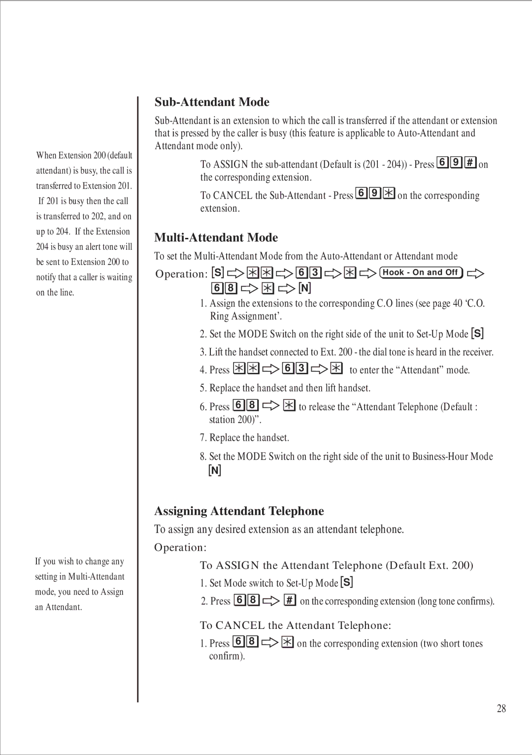 Uniden 416 manual Sub-Attendant Mode, Multi-Attendant Mode, Assigning Attendant Telephone 