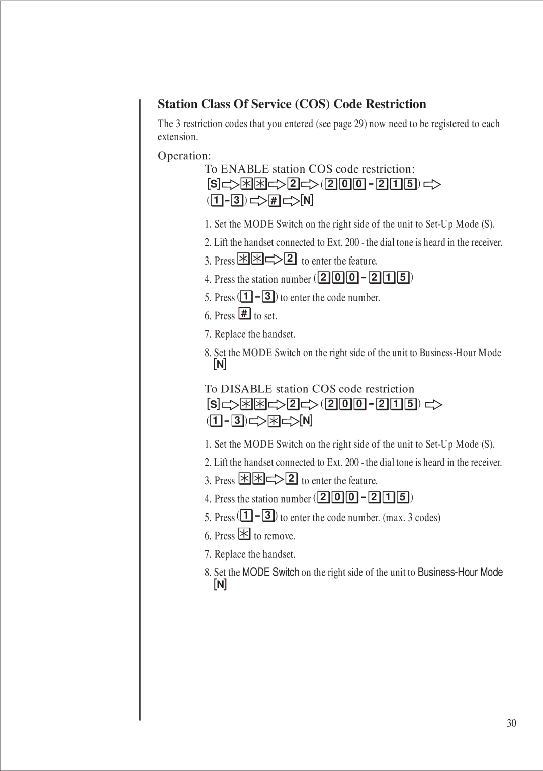 Uniden 416 manual Station Class Of Service COS Code Restriction, Press # to set Replace the handset, To remove 