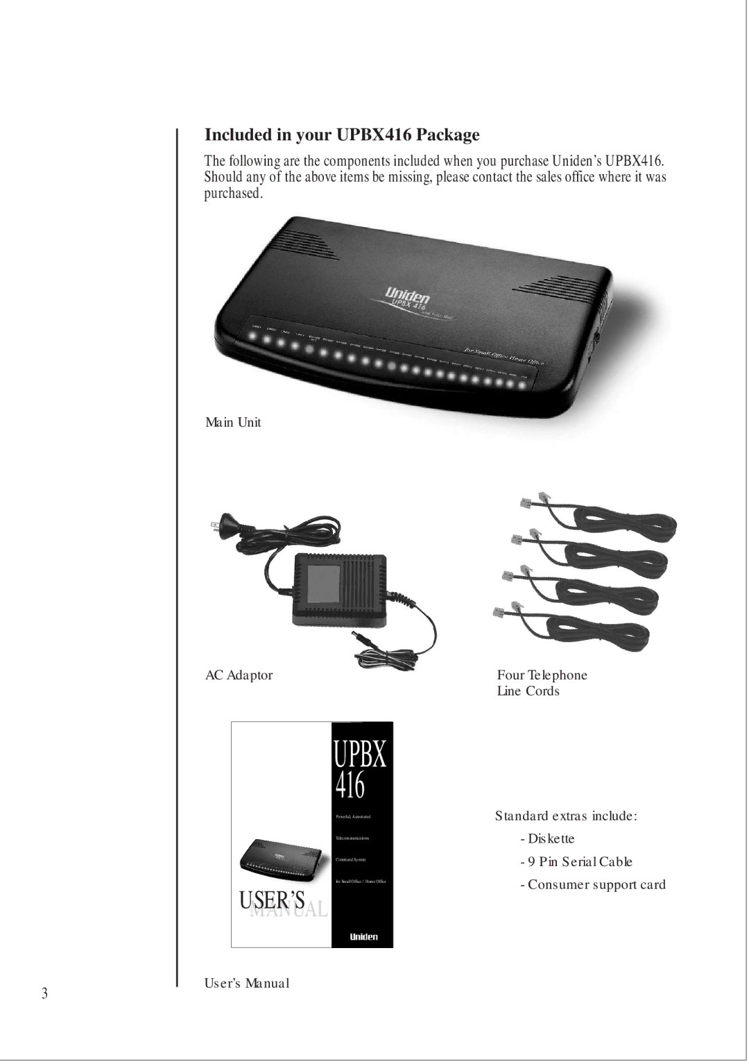 Uniden manual User’S, Included in your UPBX416 Package 