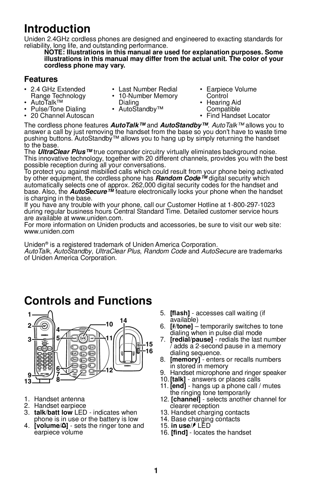 Uniden 4541 manual Introduction, Controls and Functions, Features 