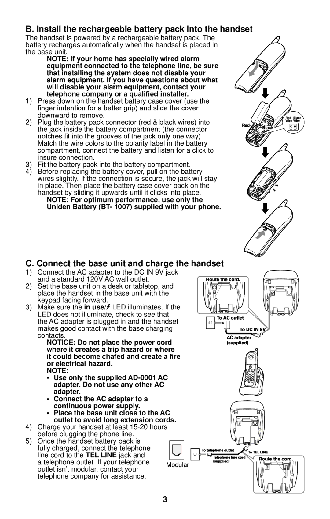 Uniden 4541 manual Install the rechargeable battery pack into the handset, Connect the base unit and charge the handset 