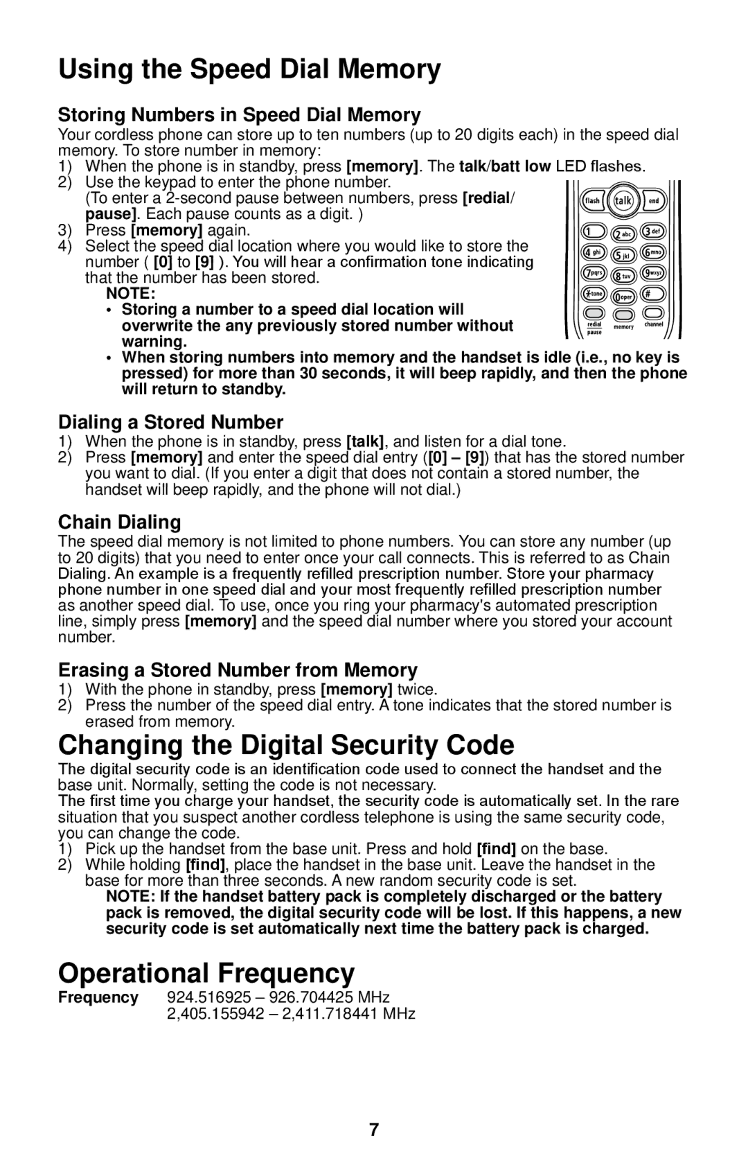 Uniden 4541 manual Using the Speed Dial Memory, Changing the Digital Security Code, Operational Frequency 