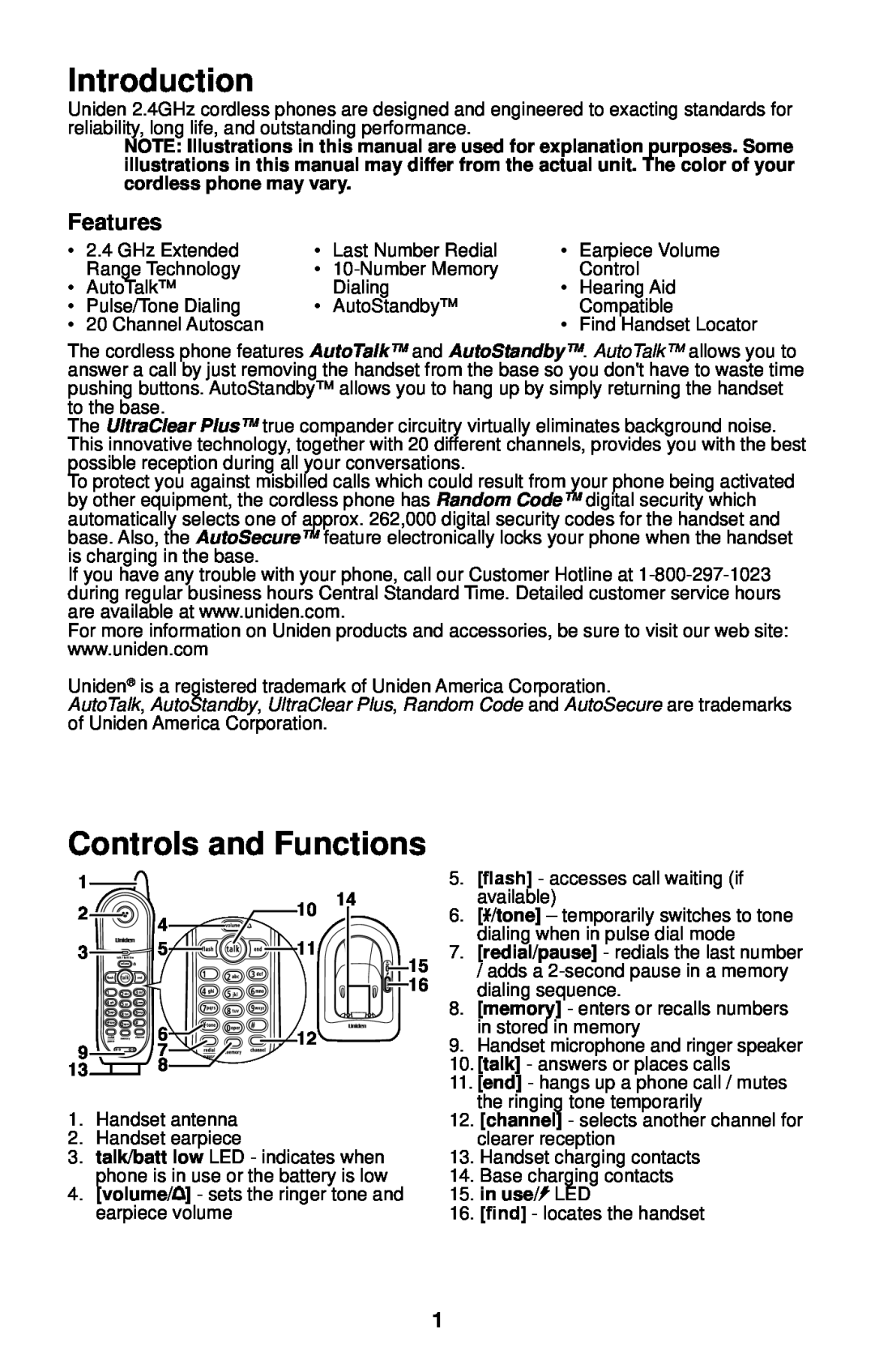 Uniden 4541 manual Introduction, Controls and Functions, Features 