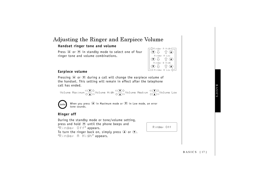 Uniden 546 Adjusting the Ringer and Earpiece Volume, Handset ringer tone and volume, Earpiece volume, Ringer off 