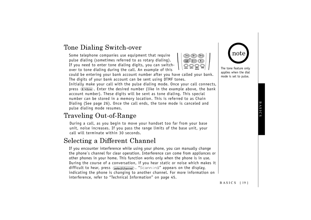 Uniden 546 owner manual Tone Dialing Switch-over, Traveling Out-of-Range, Selecting a Different Channel 