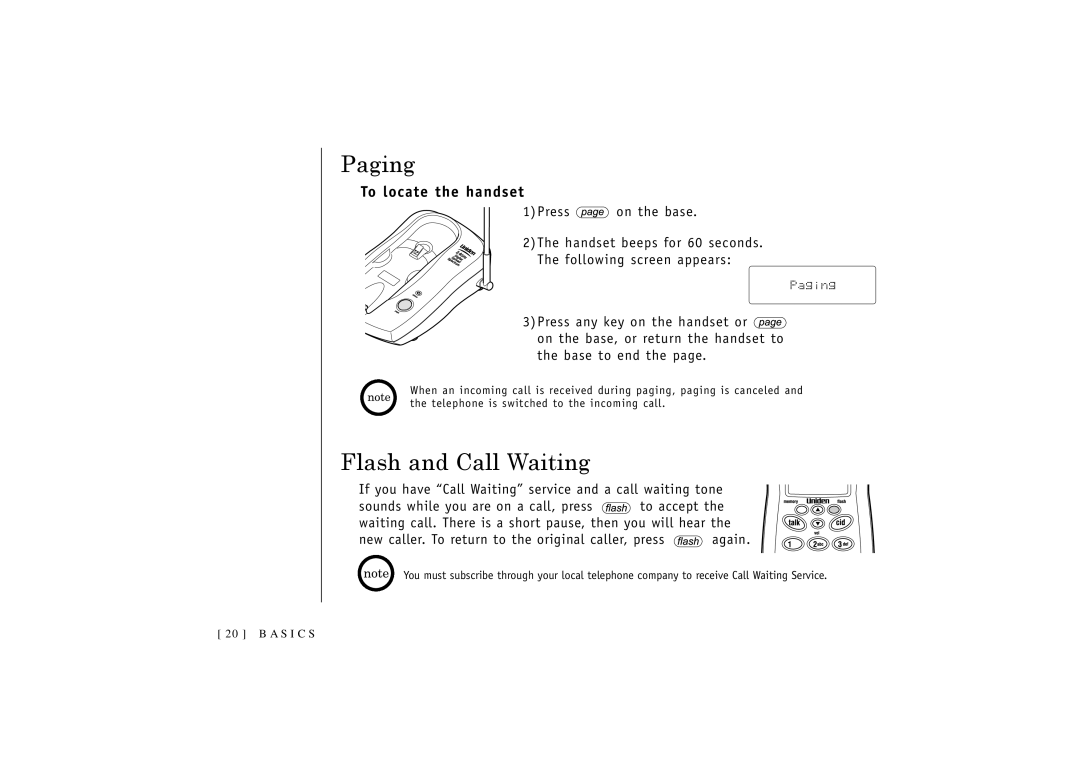 Uniden 546 owner manual Paging, Flash and Call Waiting, To locate the handset 