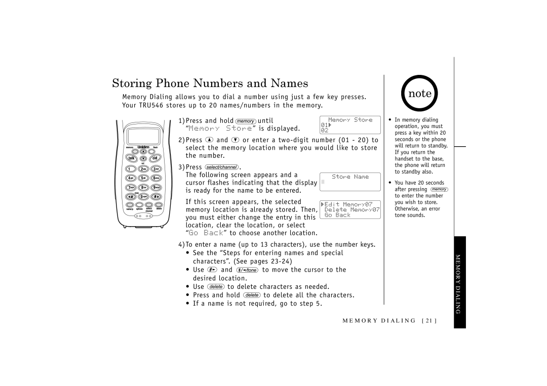 Uniden 546 owner manual Storing Phone Numbers and Names, Memory Dialing 