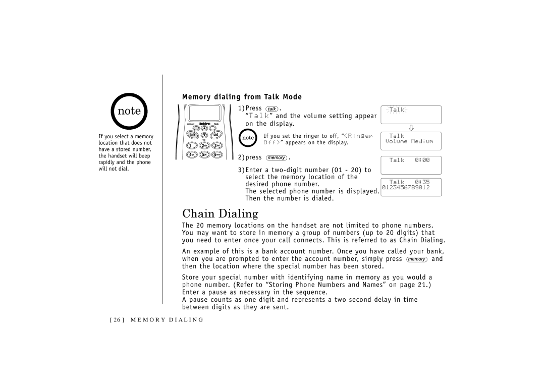 Uniden 546 owner manual Chain Dialing, Memory dialing from Talk Mode 