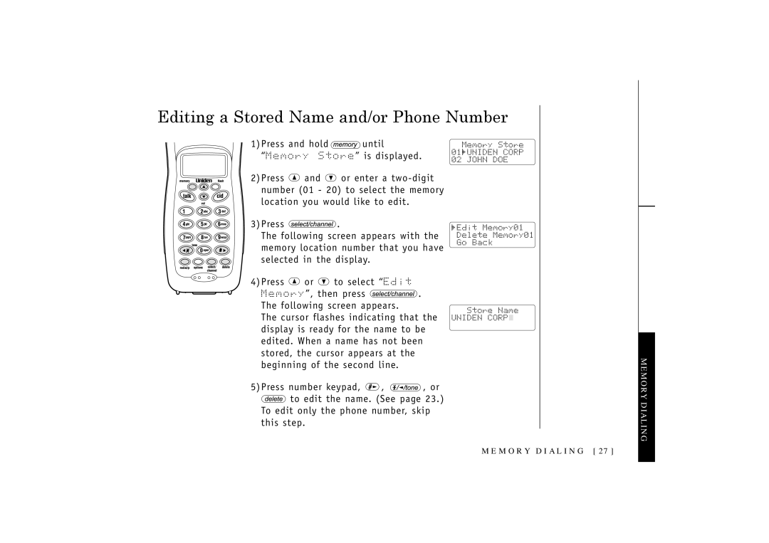 Uniden 546 owner manual Editing a Stored Name and/or Phone Number 