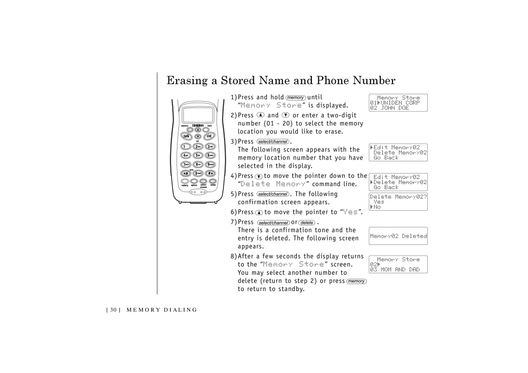 Uniden 546 owner manual Erasing a Stored Name and Phone Number 