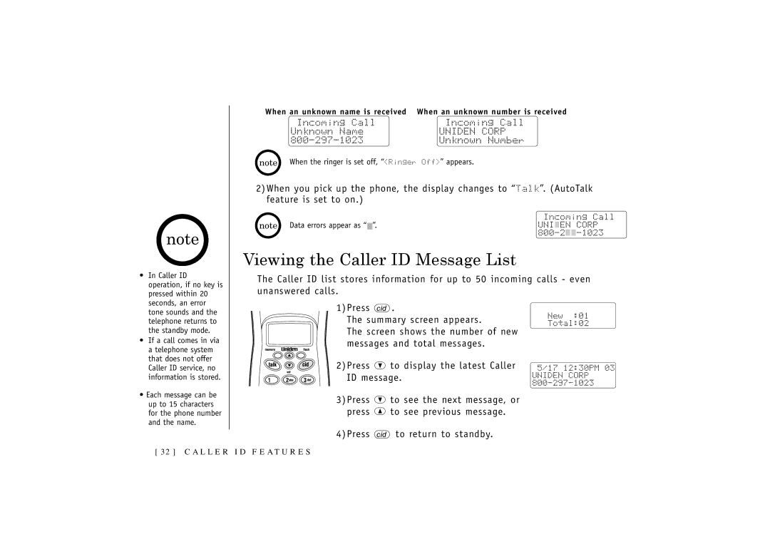 Uniden 546 owner manual Viewing the Caller ID Message List 