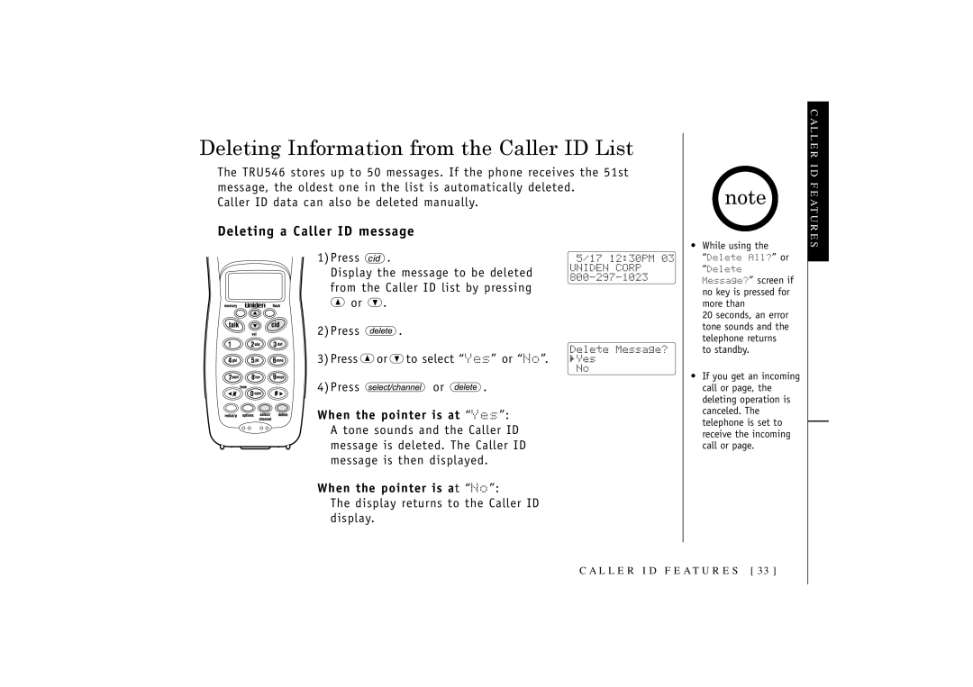 Uniden 546 Deleting Information from the Caller ID List, Deleting a Caller ID message, When the pointer is at No 