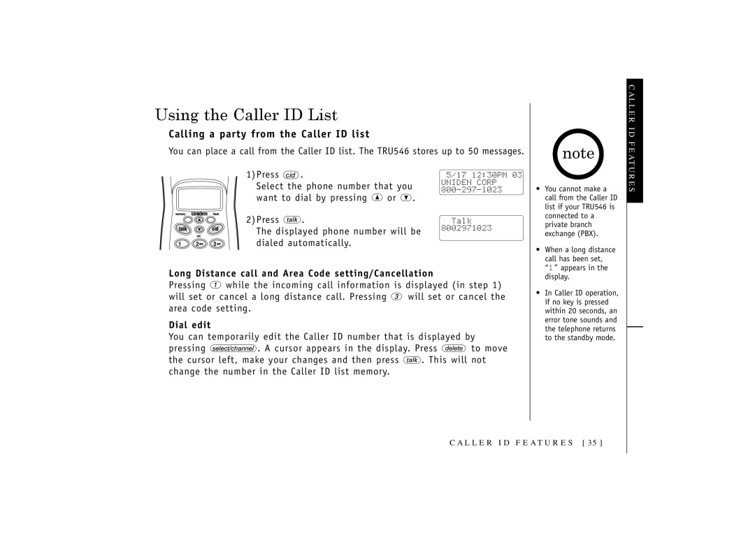 Uniden 546 owner manual Using the Caller ID List, Calling a party from the Caller ID list, Dial edit 