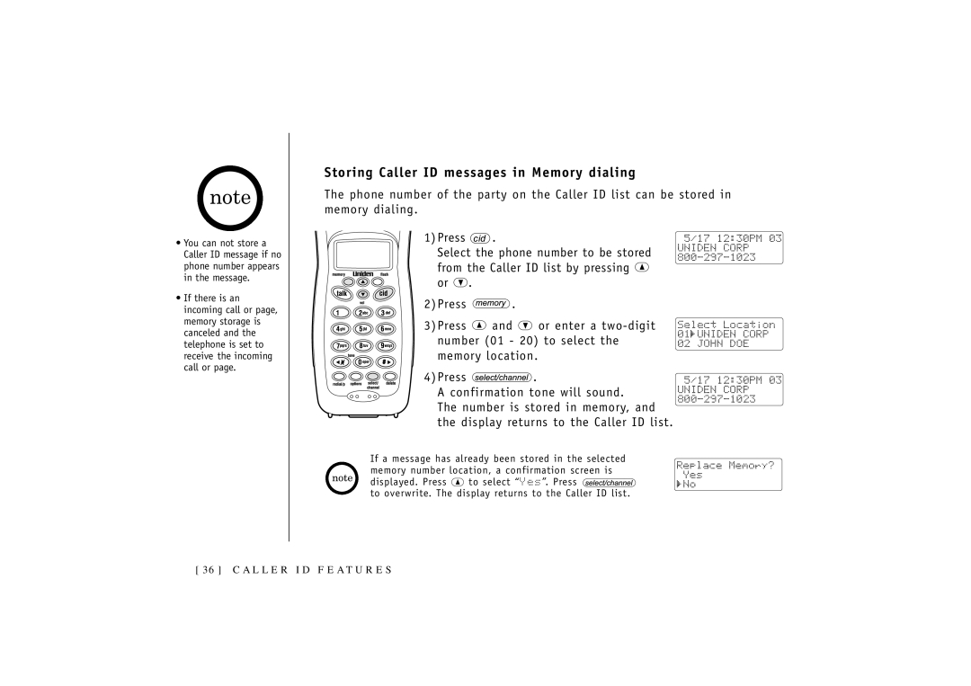 Uniden 546 owner manual Storing Caller ID messages in Memory dialing 