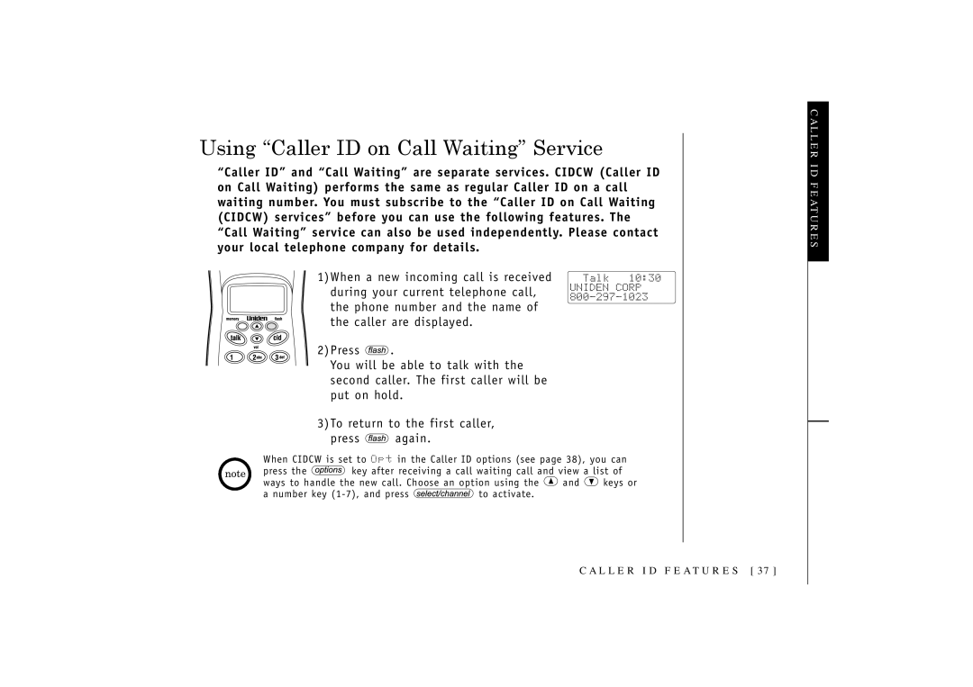 Uniden 546 owner manual Using Caller ID on Call Waiting Service 