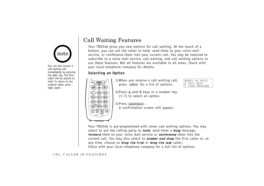 Uniden 546 owner manual Call Waiting Features, Selecting an Option 