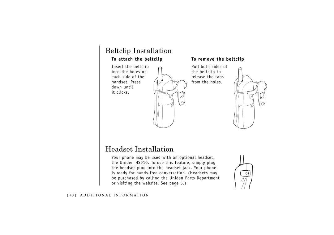 Uniden 546 owner manual Beltclip Installation, Headset Installation, To attach the beltclip To remove the beltclip 