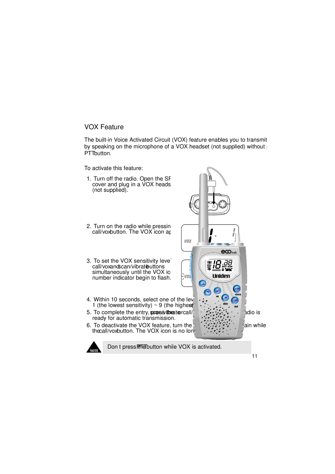 Uniden 550W manual VOX Feature 