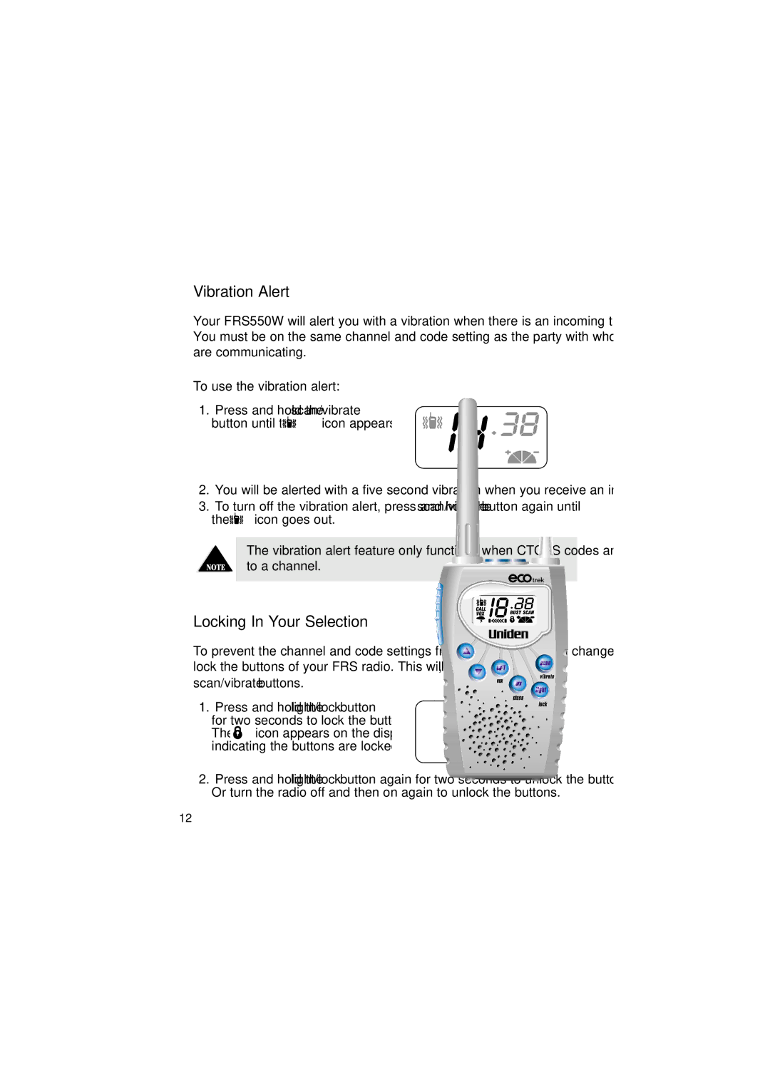 Uniden 550W manual Vibration Alert, Locking In Your Selection, Icon goes out 